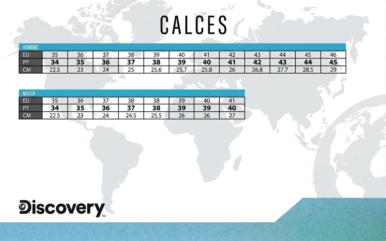 Guía de calces Discovery Paraguay para hombre y mujer con equivalencias de talle, EUR, US y largo del pie en centímetros